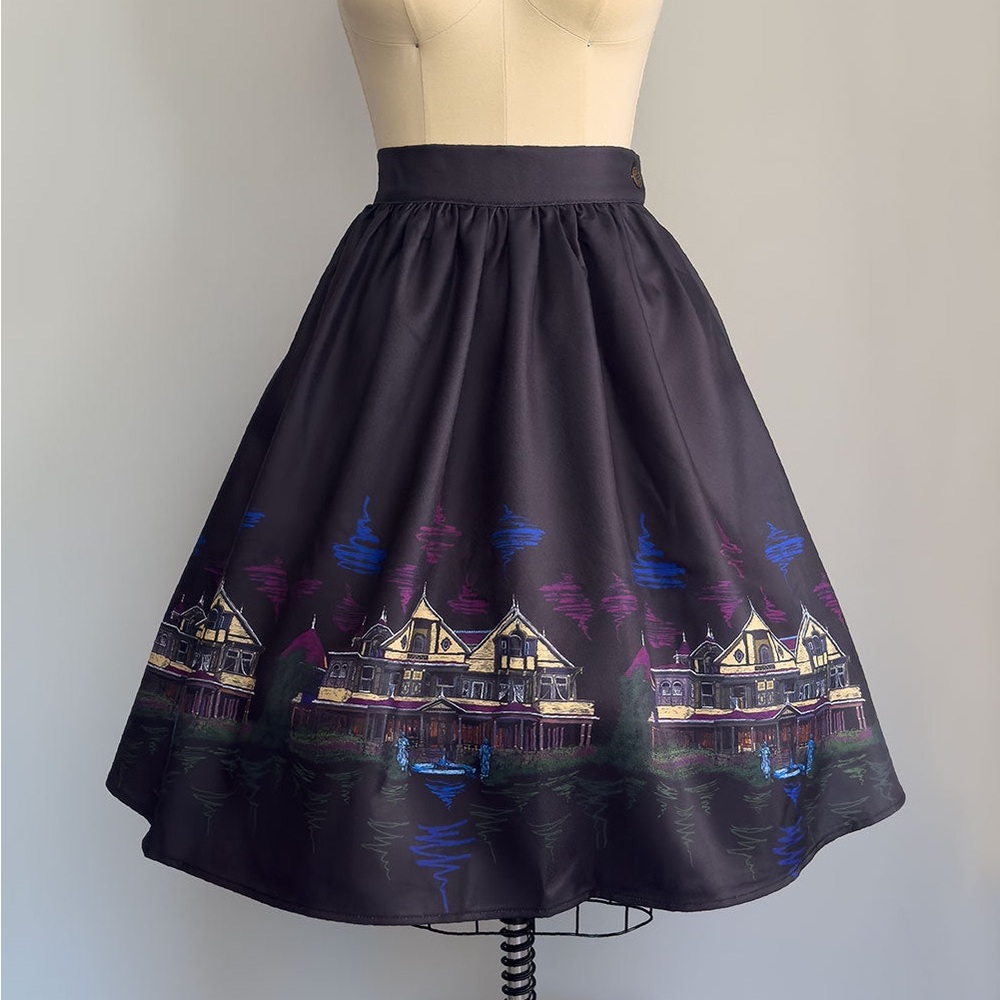 NWT WINCHESTER MYSTERY HOUSE® NOVELTY BLACK PRINT CIRCLE SKIRT - Picture 6 of 9